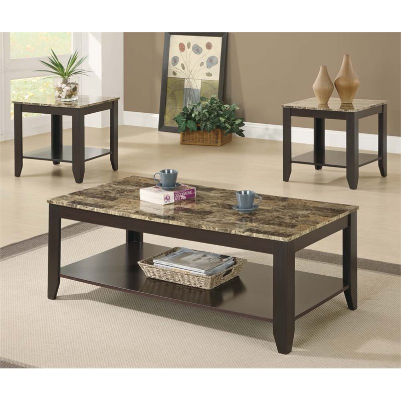 3 Piece Faux Marble Top Coffee Table Set in Cappuccino - I ...