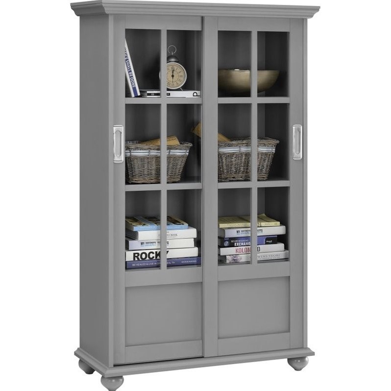 4-Shelf Glass Door Bookcase in Soft Gray - 9448296PCOM