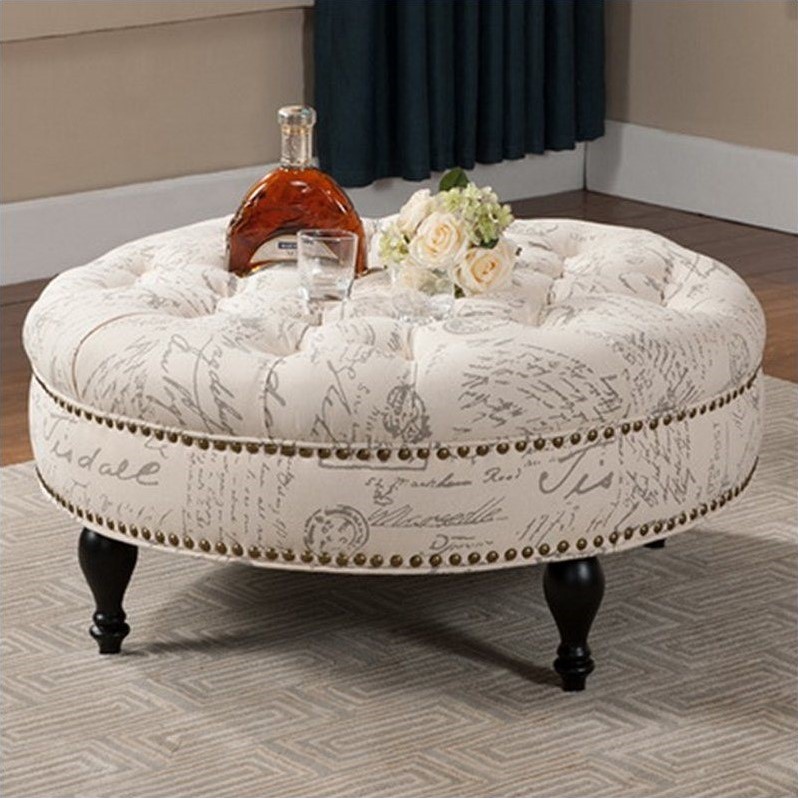 Palfrey Script Print Ottoman in Beige - 531-French-OTTO