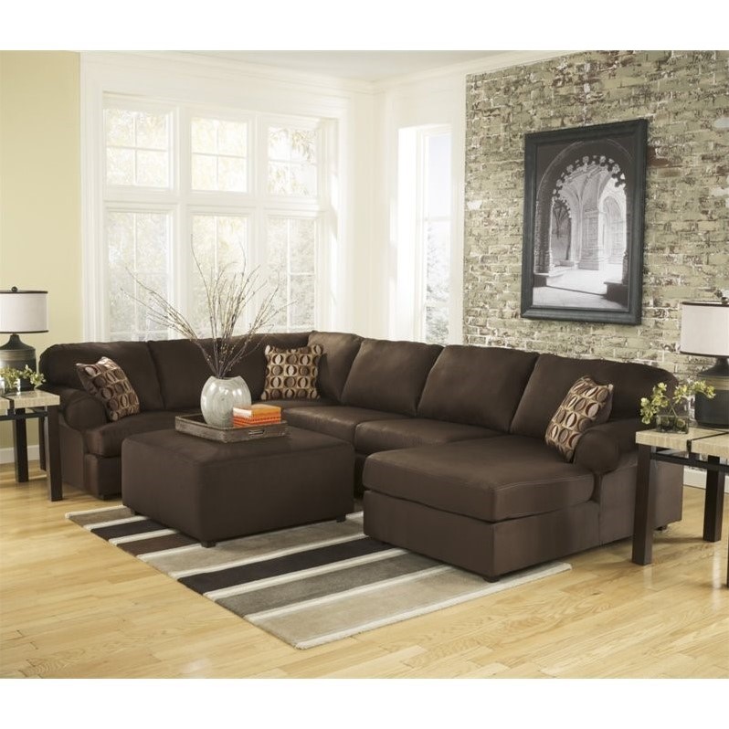 Ashley Cowan 4 Piece Fabric Right Chaise Sectional and Ottoman in Cafe ...