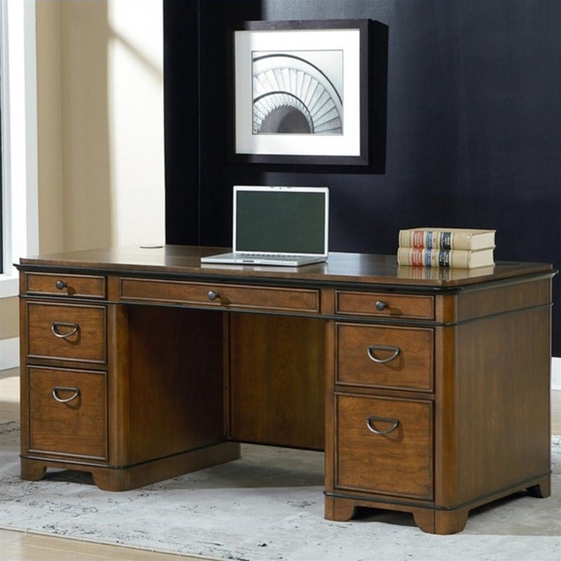 Kathy Ireland Home Double Pedestal Executive Desk in Warm Fruitwood ...