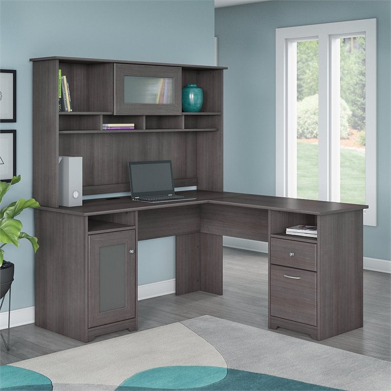 Bush Cabot 60" L-Shape Desk with Hutch in Heather Gray - CAB001HRG