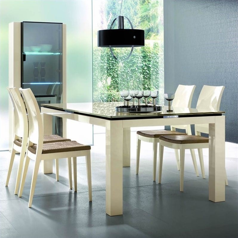 Rossetto Diamond Rectangular Dining Table in Ivory with Glass Top